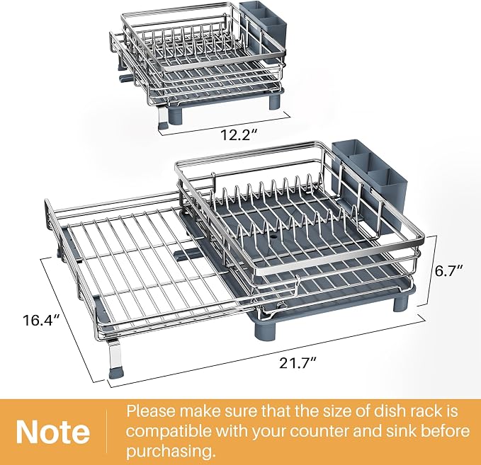 Expandable Dish Drying Rack for Kitchen Counter, Stainless Steel, Silver | Foldable Over Sink, Large Capacity, Adjust to Fit Most Sinks, Angled Drainboard, Removable Utensil Holder, Slip Resistant