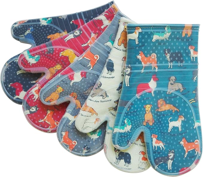 Oven Mitts with Transparent Clear Silicone Shell and Nice Dog Printing | Potholders Cotton Lining Set of 2, Heat Resistant to 500 F Kitchen Oven Gloves for Cooking (Blue Dog, Potholders)