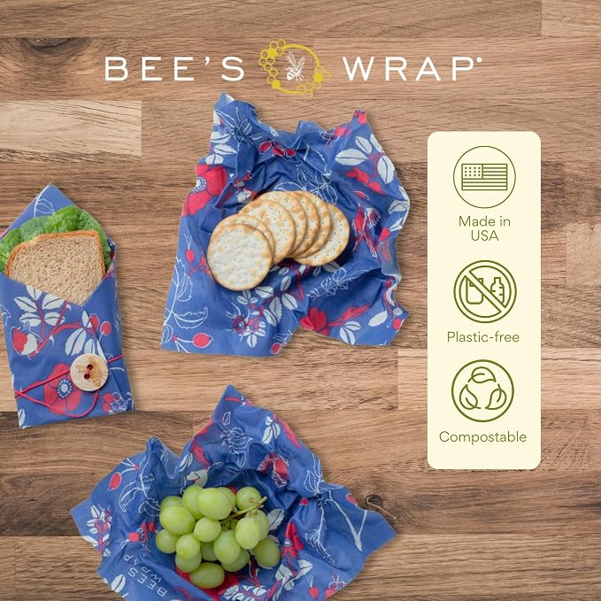 Bee's Wrap Beeswax Food Wraps, 2 Medium & Sandwich Pack - Botanical | Organic Beeswax Wraps - Plastic Free - Reusable Food Storage - Lunches & Leftovers - Made in USA
