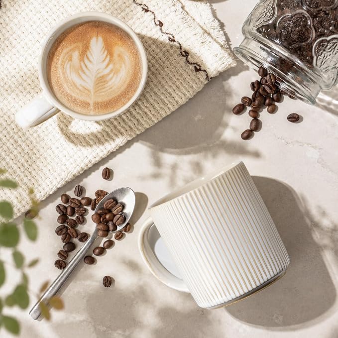theterra Ceramic Coffee Mugs Set of 6, 14.2 oz Coffee Cups with Handle | Handmade, Suitable for Latte, Tea, Milk, Beer & Hot Cocoa, Reactive White