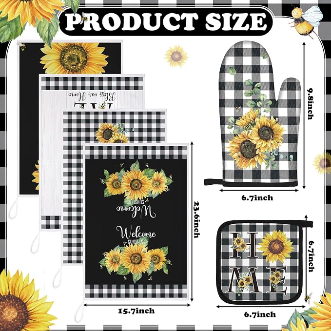 Leinuosen 8 Pcs Sunflower Checkered Kitchen Towels and Dishcloths Sets Pot Holders and Oven Mitts Sets Absorbent Kitchen Gloves Potholders Heat Resistant for Chef Baking Cooking