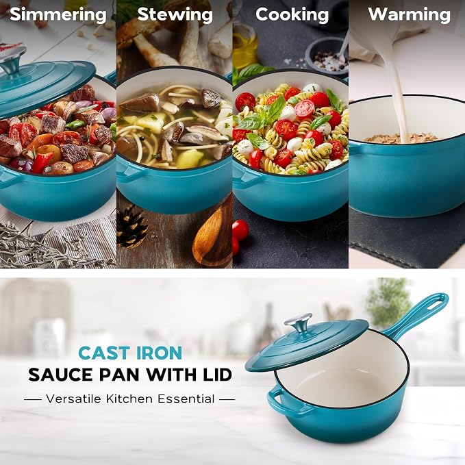 Onader 3QT Enameled Cast Iron Saucepan with Lid, Small Sauce Pan, Enamel Cast Iron Dutch Oven Cooking Pot, Nonstick & Heavy Duty – Dark Cyan