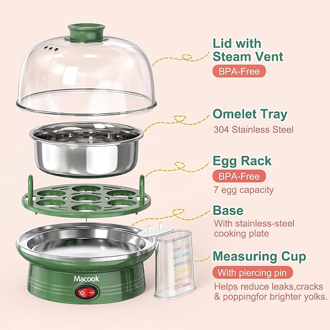 Macook Electric Egg Cooker for Easter, 7 Egg Capacity with Auto Shut-Off, Spring Green Hard Boiled Egg Maker, Ideal Easter Gift for Egg Decorating, Includes Measuring Cup