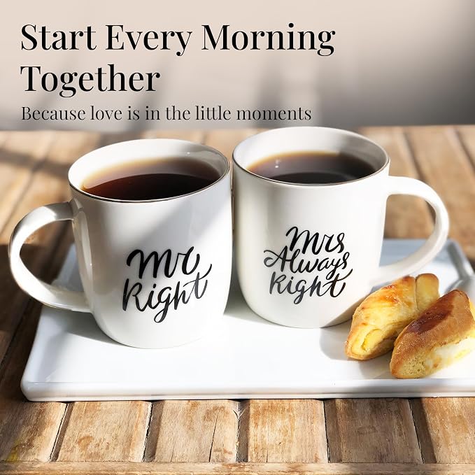 Triple Gifffted Mr Right and Mrs Always Right Coffee Mugs Gift Set, 13oz | Gifts for Couples, Wedding Anniversary, Engagement, Christmas, His & Hers, Bride and Groom, Parents, Newlyweds Bridal Shower