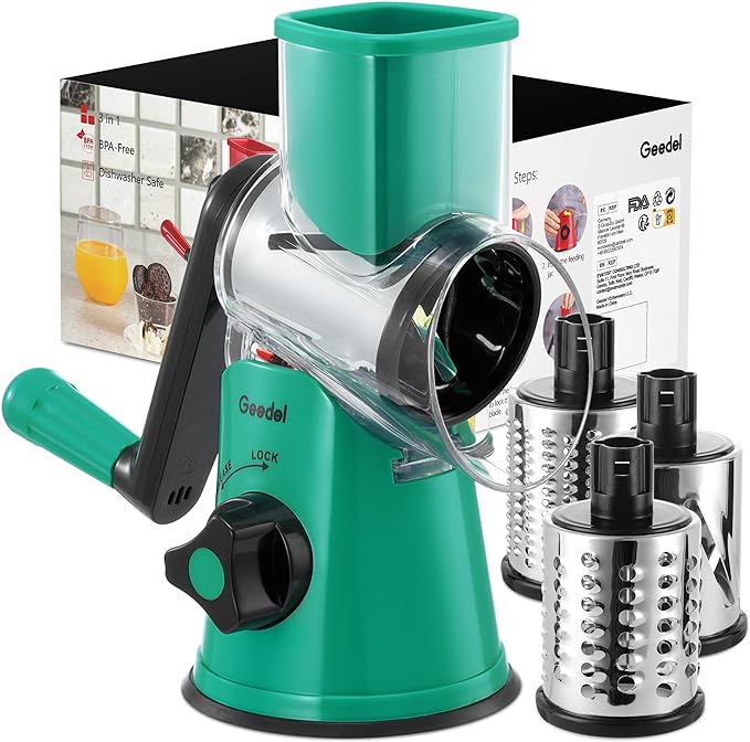 Geedel Rotary Cheese Grater Hand Crank, Cheese Shredder Vegetable Slicer | 3 Blades, 430 Stainless Steel, 12x Fast Cutting, Strong Suction Base, No BPA, Dishwasher Safe, for Cheese, Veggie, Nut