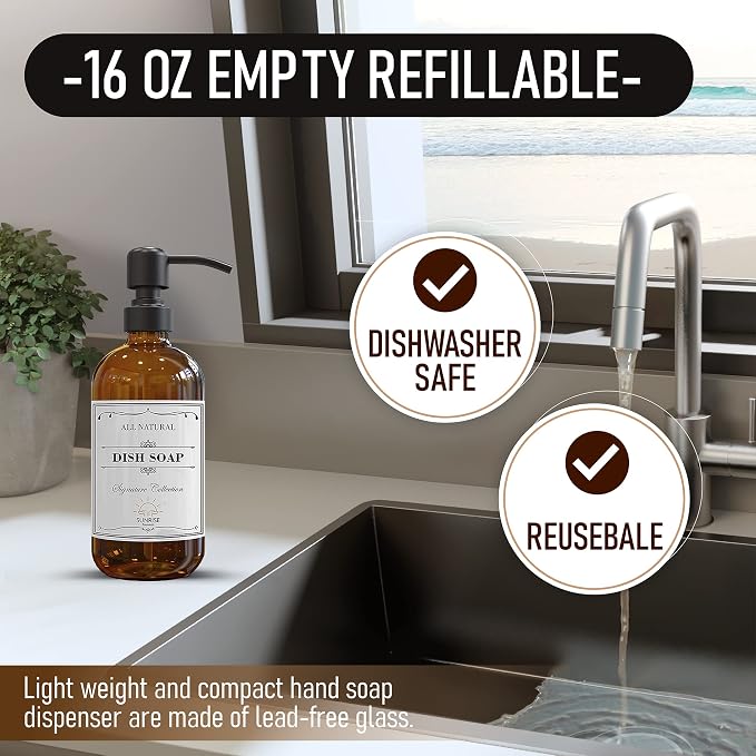 Amber Glass Soap Dispenser Matte Black with Pump, 16 oz | Amber Glass, Matte Black Stainless Steel Pump Hand and Dish,Bathroom and Kitchen Sink Use 6 Waterproof (Pack of 2)