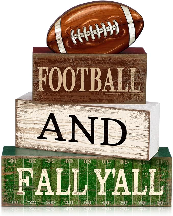 Lineshading 4 Pcs Fall Football Block Signs Wooden Farmhouse Decor | Rustic Wood Blocks with 3D Football Topper, Sport Theme Tiered Tray Decor for Table Shelf, Football and Fall Y'all Text