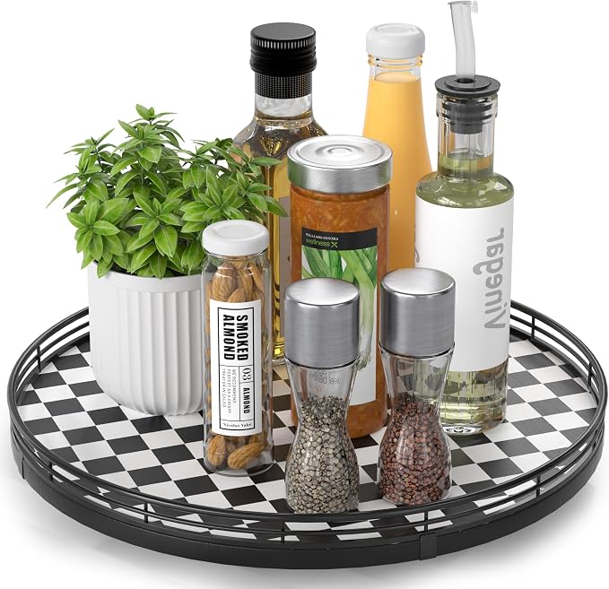 AMH 13-Inch Black and White Checkerboard Lazy Susan with Oak Wood Base | Smooth rotating oak tray with walnut finish for dining tables, kitchen counters, pantries and cabinet storage.