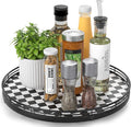 AMH 13-Inch Black and White Checkerboard Lazy Susan with Oak Wood Base | Smooth rotating oak tray with walnut finish for dining tables, kitchen counters, pantries and cabinet storage.