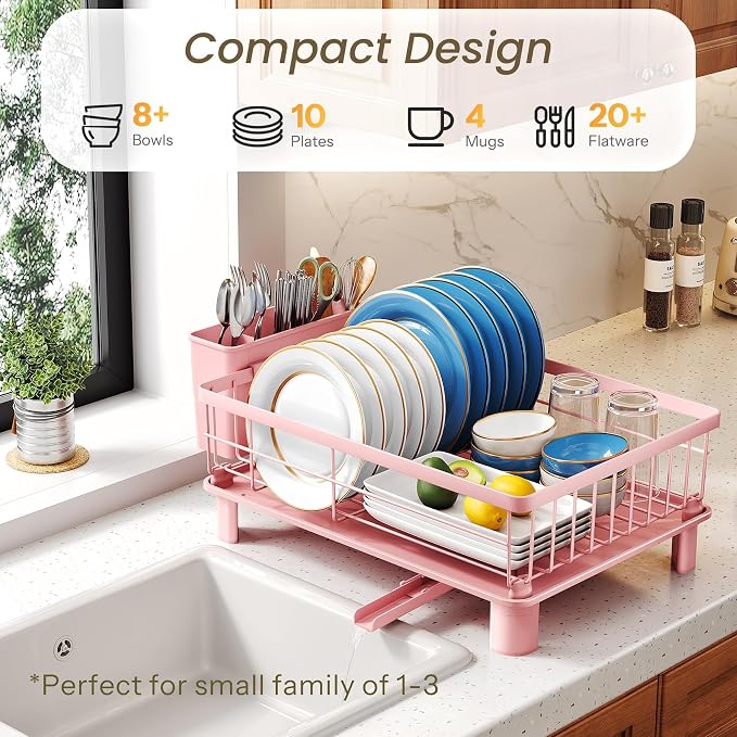 SNTD Dish Drying Rack for Small Kitchen Counter, 11" W x 15" L, Pink | Space Saving, Rotating Spout & Angled Drainboard for Quick Drainage, Stainless Steel, Removable Utensil Holder