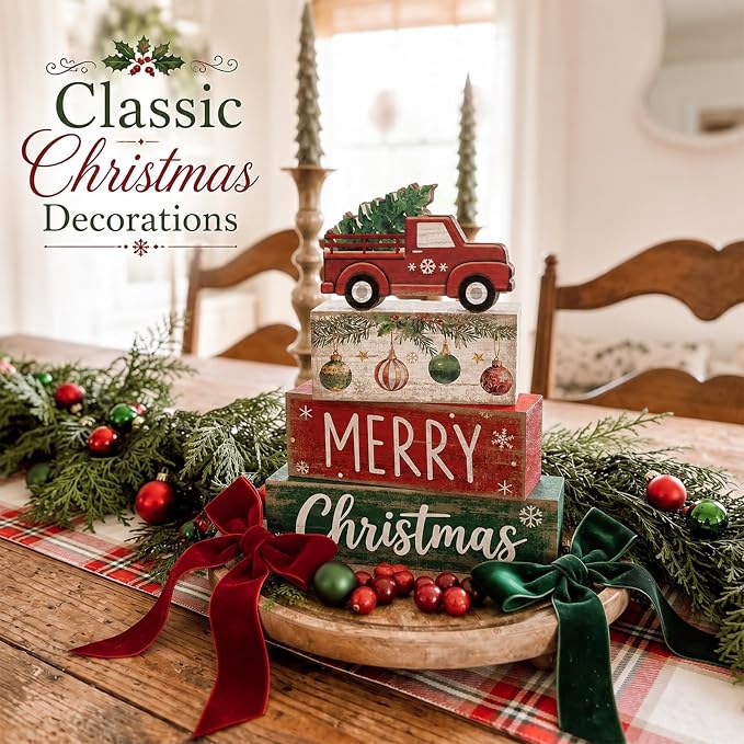 Lineshading 4 Pcs Christmas Table Decor, Red Truck Tree Block Sign Home | Red Truck With Pine Tree, Christmas Centerpiece For Tiered Tray, Rustic Wood Stack Sign, Holiday Kitchen Shelf Home Decor
