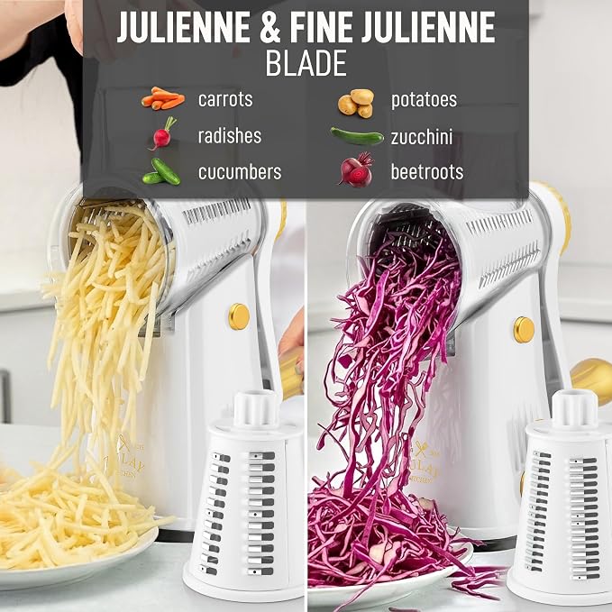 Zulay Kitchen Rotary Cheese Grater 5 Blade Cheese Shredder - Manual Hand Crank Cheese Grater With Reinforced Suction & 5 Interchangeable Drums - Easy to Use, Vegetable Chopper Round Mandoline Slicer