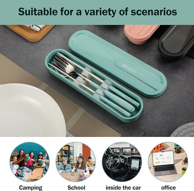 iNKULEER Travel cutlery set, 18/8 stainless steel cutlery, Reusable utensils set with case, Portable Silverware Lunch Box for Camping and Office (Blue)