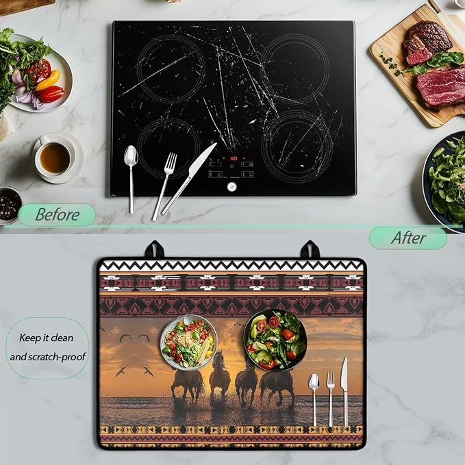 Aztec Horse Electric Stove Top Cover,Black Cat Stove Cover for Glass Top Electric Stove,Astrology Heat Resistant Flat Top Stove Mat Countertop Protector