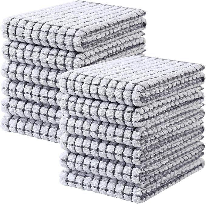Mordimy Premium Cotton Kitchen Towels 16"x 25", Grey Check Design, 12 Pack | Super Absorbent Terry Kitchen Hand Towels, Large Natural Ring Spun 360 GSM Dish Towels, Soft Tea Towels with Hanging Loop