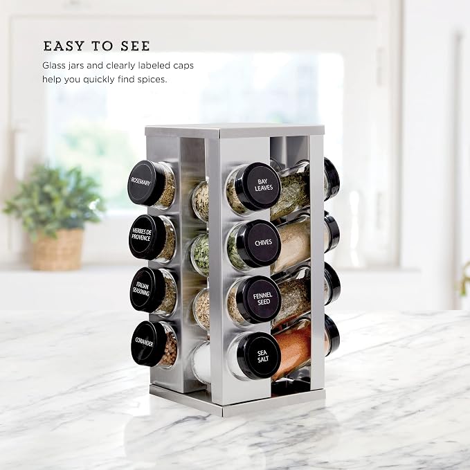 Kamenstein 16 Jar Heritage Revolving Countertop Spice Rack Organizer with Spices Included, FREE Spice Refills for 5 years, Brushed Stainless Steel with Black Caps