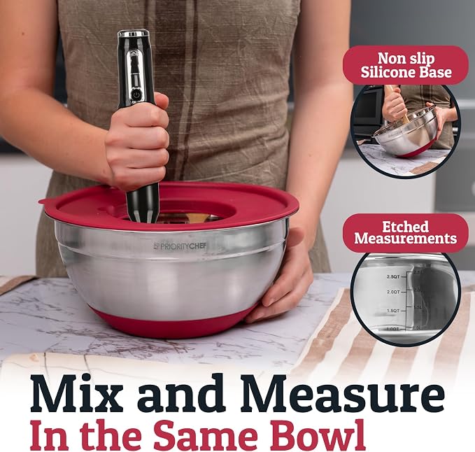 Priority Chef 6pc Stainless Steel Mixing Bowls with Lids Set, 7 Qt, Red | Non-Slip Nesting Bowls, 3 Graters and Interior Measurement Marks; For Meal Prep, Baking and Airtight Fridge Storage