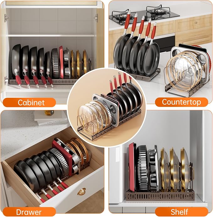 MUDEELA Expandable Pot Pan Lid Organizers inside Cabinet, 12 Divider-Bronze | Expandable 11.8–22.9", 12 Adjustable Divider, Tool-Free Assembly, Non-Slip, Scratch-Proof, For Pan Lid Cutting Board Bakeware