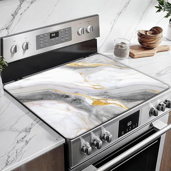 White Marble Stove Top Covers for Electric Stove, Electric Gas Stove Pad Heat Resistant Range Cooktop Protector for Home Decor Kitchen 28"x20"
