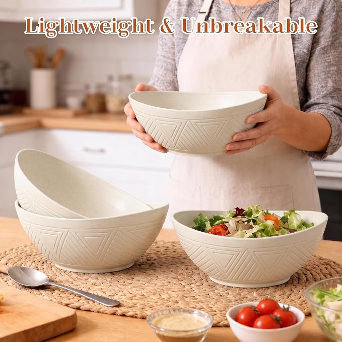 Large Bowls 65 OZ, Wheat Straw Bowls Set of 4, Unbreakable Salad Bowl, Microwave & Dishwasher Safe Big Bowl, Kitchen Serving Bowl for Salad, Cereal, Soup and Oatmeal (Beige)