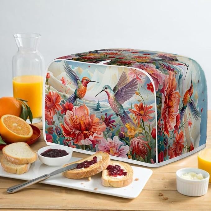 Hummingbird Flower Print Toaster Covers 2 Slice Wide Slot Dustproof Floral Fingerprint Protectors and Greasy Protection Anti-sputtering Machine Washable Women Gift