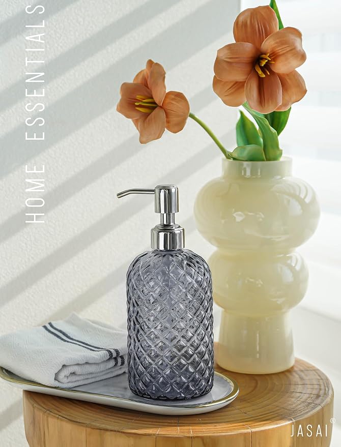 JASAI 18Oz Smoky Gray Glass Soap Dispenser with Rust Proof Pump | Refillable Dish soap Dispenser for Kitchen, Bathroom Soap Dispenser for Dispense Hand soap, Lotion.