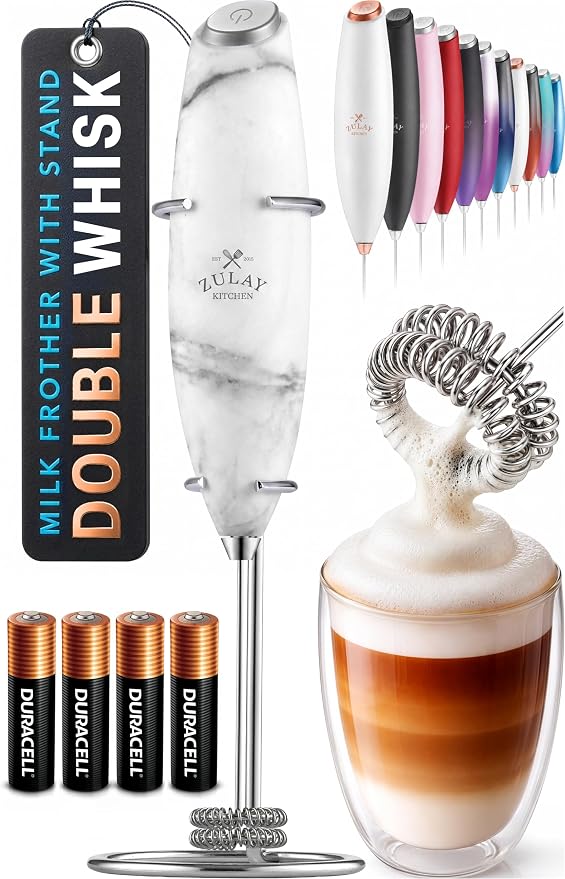 Zulay Kitchen Powerful Milk Frother Wand With Duracell Batteries - Ultra Fast Handheld Drink Mixer - Electric Whisk Foam Maker for Coffee, Lattes, Cappuccino & Matcha - Double Whisk - Quartz