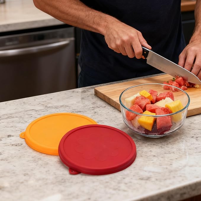 4 Cup Round Silicone Storage Cover Lids Replacement for Anchor Hocking and Pyrex 7201-PC Glass Bowls (Container not Included) (Red & Orange) 2 Pack