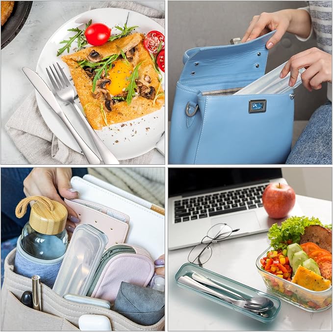 4 Pack Travel Silverware Set with Case for Lunch,Clear | Reusable Utensils with Case, Portable Flatware, Camping Cutlery, Fork Spoon Knife, for Work School, Dishwasher Safe