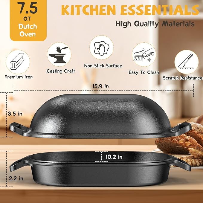 7.5QT Dutch Oven for Sourdough Bread Baking, Cast Iron Bread Pan with Lid | Advanced Multi-Functional Dutch Oven With Banneton Bread Proofing Basket & Baking Supplies, Cast Iron Bread Pan With Lid