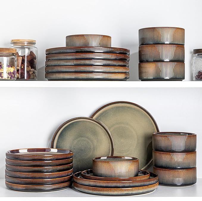 Ceramic Dinnerware Set for 4, 12-Piece Plates and Bowls Set | Lightweight Porcelain Dish Set, Scratch Resistant, Oven & Microwave & Dishwasher Safe, Cocoa Mocha