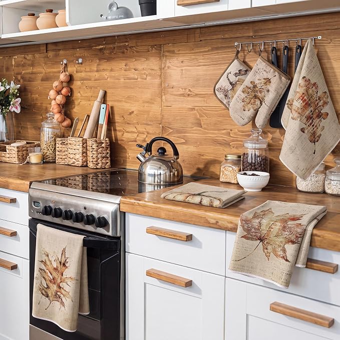 Fanfanwin 10 Pcs Fall Pumpkin Kitchen Decor Set Kitchen Towels Pot Holders Oven Mitts and Rugs Set Thanksgiving Towels for Baking Cooking BBQ Autumn Home(Sepia,Rustic Fall)