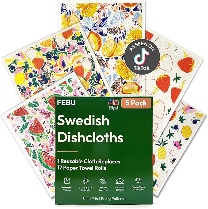 Swedish Dishcloths for Kitchen, 5 Pack, Fruit Pattern | Reusable Paper Towels Washable, Non-Scratch Cellulose Sponge Cloths, No Odor, Biodegradable
