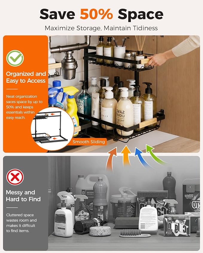 2-Pack 2-Tier Height Adjustable Under Sink Organizer & Storage | Multi-purpose storage for kitchen & bathroom cabinet. Extra Large black shelf, height adjustable design for space-saving.