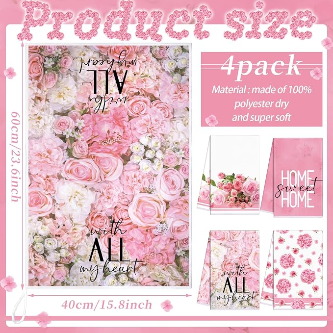 Leinuosen 8 Pcs Pink Rose Kitchen Towels and Dishcloths Sets Oven Mitts and Pot Holders Sets Absorbent Kitchen Gloves Potholders Heat Resistant for Chef Baking Cooking House Decorative Accessories