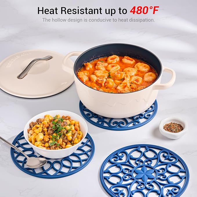 SMARTAKE 3 Set Silicone Trivet Mats for Hot Dishes Pots Pans (Navy Blue) | Heat Resistant Pots and Pans Holders, Non-Slip Flexible Pads Coasters for Countertops Table, Modern Kitchen Decor Accessories