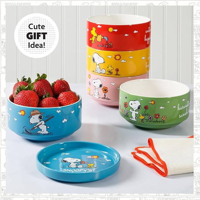Peanuts Snoopy 6-Piece Stackable 5.5-Inch Decorated Stoneware Bowl Set With Matching Plate, Microwave & Dishwasher Safe, Collectible Kitchen Dinnerware