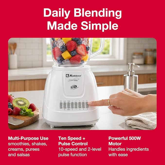Koblenz LKM-5510 PB Countertop, Stainless Steel Blades, Plastic Jar, 42 oz | 500W Motor, 10 Speed + 2 Pulse, Stainless Steel Blades, Metal Coupling, Smoothie Blender, Blender for Kitchen, White, Durable