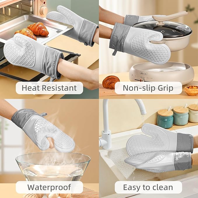 Silicone Oven Mitts，Heat Resistant up to 500°F, Oven Gloves with Soft Lining, Non-Slip Kitchen Essentials, Kitchen Gadgets, Apartment Essentials, Great Gift for Cooking (gray-1pair)