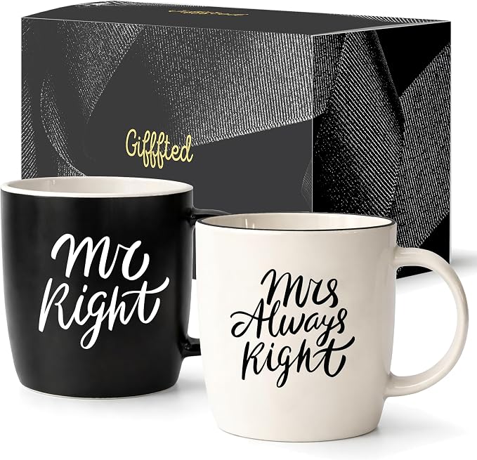 Triple Gifffted Mr Right and Mrs Always Right Coffee Mugs Gift Set, 13oz | Gifts for Couples, Wedding Anniversary, Engagement, Christmas, His & Hers, Bride and Groom, Parents, Newlyweds Bridal Shower