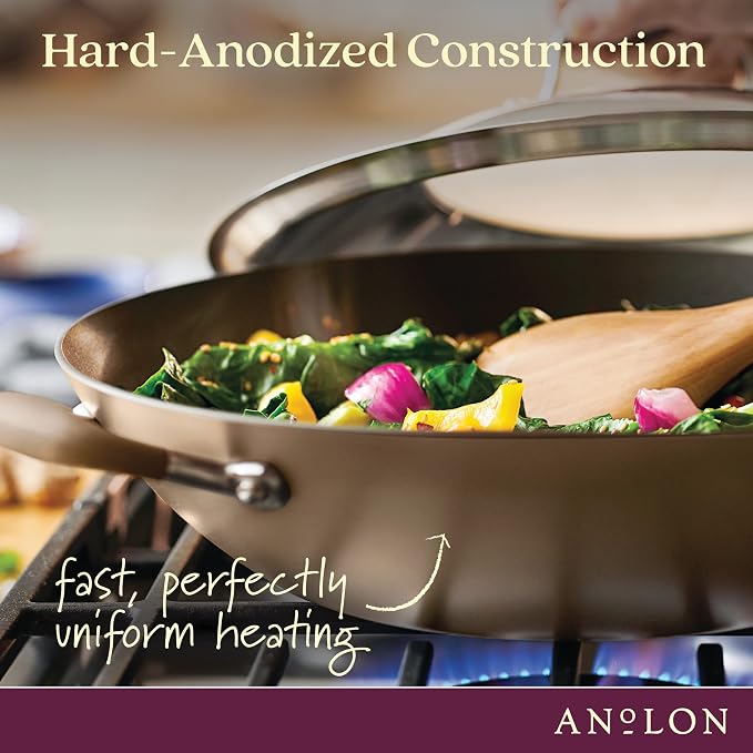 Anolon Advanced Home Hard Anodized Nonstick Wok/Stir Fry with Lid and Cooking Tool, 14 Inch, Bronze