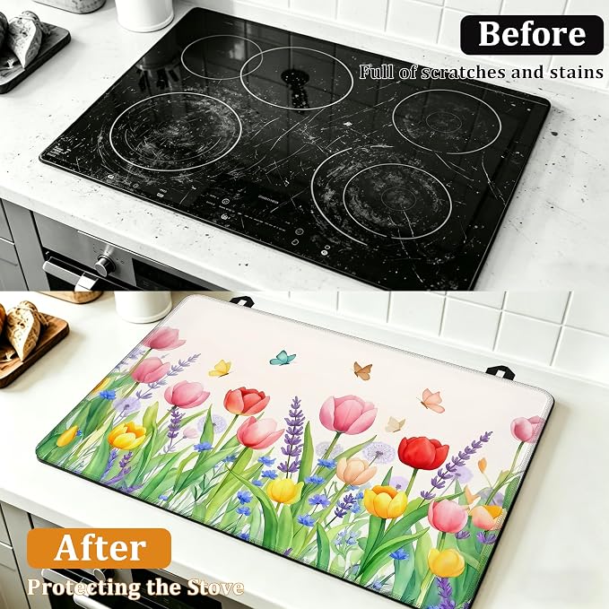 Spring Flowers Glass Top Stove Cover Protector,Rusti c Butterfly Heat Resistant Stove Top Cover, Large Size Range Covers for Electric Stove Countertop Mat, 28 x 20 Inch