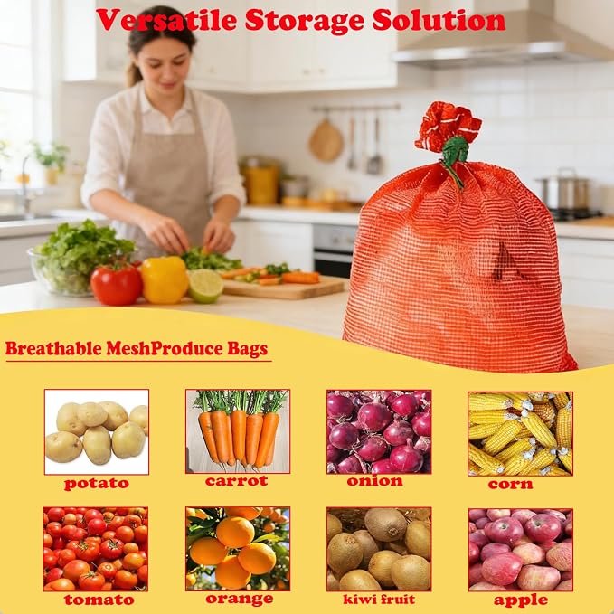 Mesh Onion Bags-50 Pack Reusable Vegetable Storage Bags with Drawstring. | Breathable Mesh Produce Bags for Potatoes, Onions, Garlic, Fruits, Fresh for Kitchen Pantry Organization (Pack of 50)