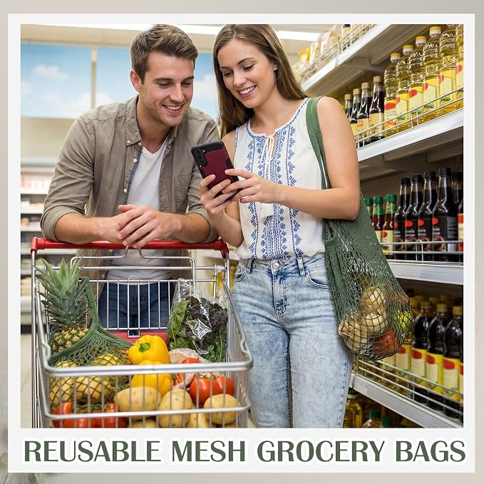 Woanger 24 Pcs Green Long Handle Reusable Cotton Mesh Produce Shopping Bags Washable Grocery Net Portable Fruit and Vegetable Cotton String Bags Net Tote Organizer