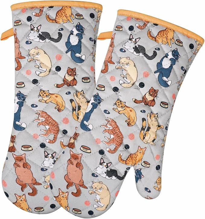 Oven Mitts Cotton Fashion Cute Cat Design 1pair | Heat Resistant Oven Gloves Safe Cooking Baking Grilling Barbecue Machine Washable Pot Holders (Cat)