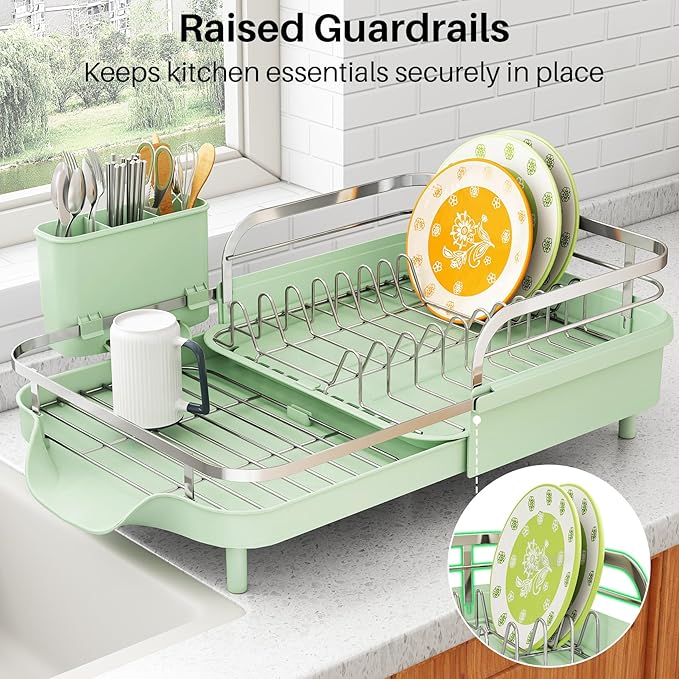 SAYZH Expandable Dish Drying Rack for Small Kitchen Counter, Green | Stainless Steel, Protective Guardrail, Angled Drainboard, Fits High-Rim Sinks, Removable Utensil Holder
