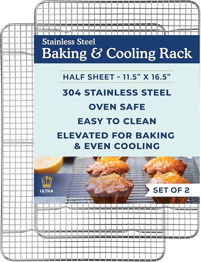 Cooling and Baking Rack Set - Cooling Racks -11.5'' x16.5'' | 100% Stainless Steel, Oven-Safe, Dishwasher-Safe, Heavy Duty Tight-Wire, Set of 2, Half Sheet Pan Cooling Racks, Easy Clean