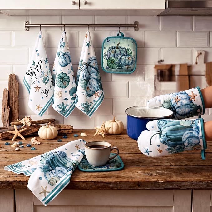 Fanfanwin 10 Pcs Fall Blue Pumpkin Kitchen Decor Set Kitchen Towels Pot Holders Oven Mitts and Rugs Set Thanksgiving Ocean Decoration for Cooking Baking Gift Harvest Autumn Home Decor