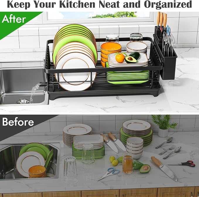 Kmiectse Dish Drying Rack for Small Kitchen Counter with Utensil Holder | Space Saving, Rust Resistant, Quick Drainage Dish Rack, Compact Dish Drainer Organizer for Home Kitchen, Black