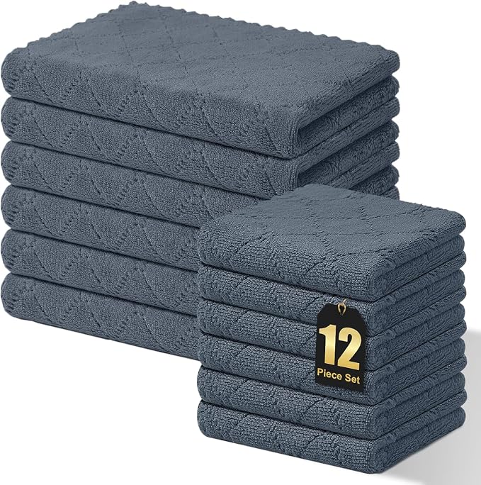 Homaxy Super Soft 12 Pack Kitchen Towels and Dishcloths Set, Dark Grey | Ultra-Absorbent, 10 x 10 and 13 x 19 Inches, Coral Velvet, No Lint, Nonstick Oil, Fast Drying, Microfiber Cleaning Cloth